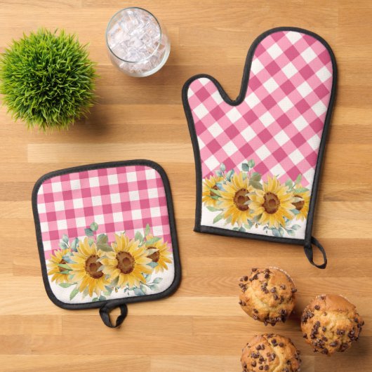 Rustieke boerderij Zonnebloemen Pink Gingham Ovenwant & Pannenlap Set (Top down)
