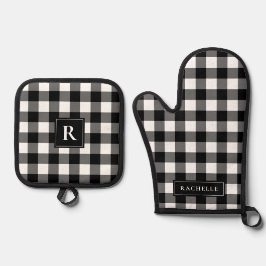 Rustieke boerderij zwart-wit Gingham Ovenwant & Pannenlap Set (Voorkant)