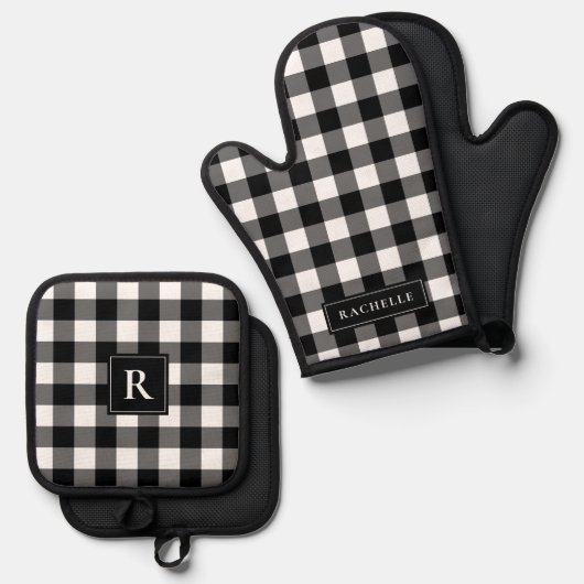 Rustieke boerderij zwart-wit Gingham Ovenwant & Pannenlap Set (Voorkant / Achterkant)