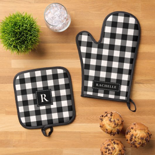 Rustieke boerderij zwart-wit Gingham Ovenwant & Pannenlap Set (Top down)