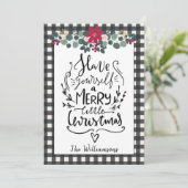 Rustieke Boerderij Zwart Wit Plaid Kerst Kaart (Staand voorkant)