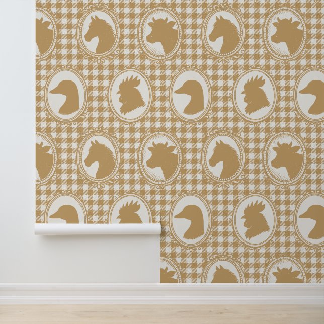 Rustieke boerderijkeuken Barnyard Gingham - Khaki  Behang (Applicatie)