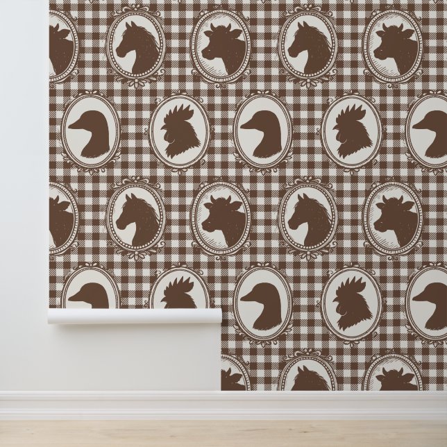 Rustieke boerderijkeuken Barnyard Gingham - Mocha  Behang (Applicatie)