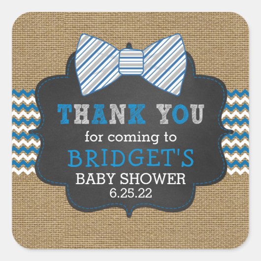 Rustieke boerlap bowtie dank je, jongen baby showe vierkante sticker (Voorkant)