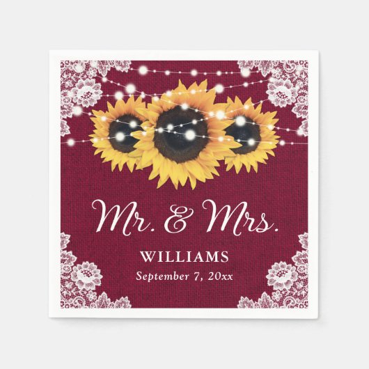 Rustieke boerlap kant zonnebloem bordeaux bruiloft servet (Voorkant)