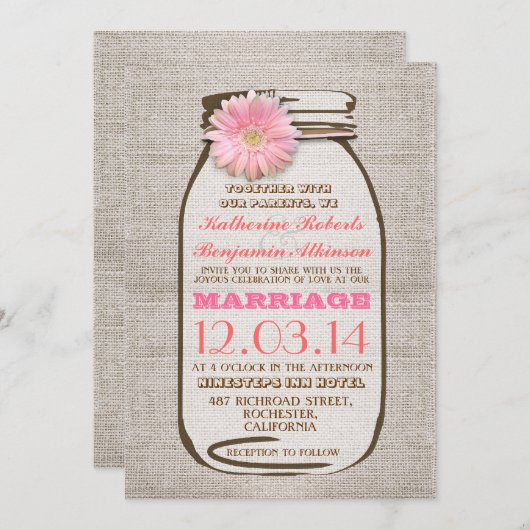 Rustieke boerlap metselaar pot roze gerbera bruilo kaart (Voorkant / Achterkant)