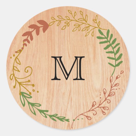 Rustieke Boheemse Bladerkrans op hout Ronde Sticker (Voorkant)