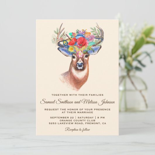 Rustieke Boheemse Bloemen Herten bruiloft uitnodig Kaart (Staand voorkant)