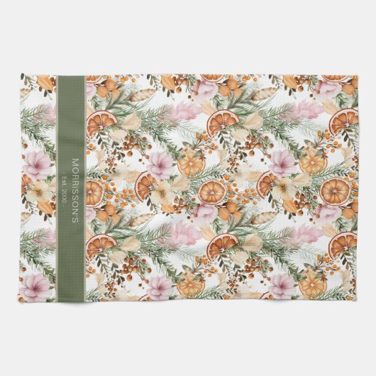 Rustieke Boheemse botanische winter citrus Kerstmi Theedoek (Horizontaal)