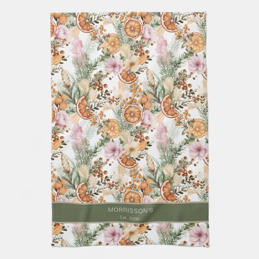 Rustieke Boheemse botanische winter citrus Kerstmi Theedoek (Verticaal)