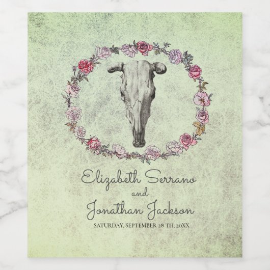 Rustieke Boheemse Koe schedel en roze rozen bruilo Wijn Etiket (Enkel label)