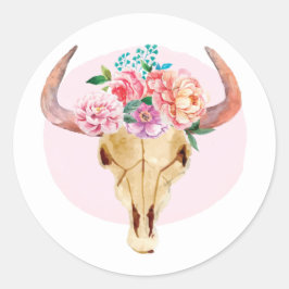 Rustieke Boheemse Koeien Schedel Waterverf Roze Bl Ronde Sticker