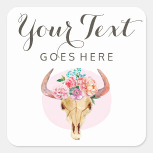 Rustieke Boheemse Koeien Schedel Waterverf Roze Bl Vierkante Sticker