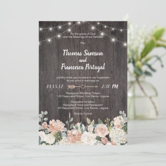 Rustieke Boheemse Strijklichten Bloemen Uitnodigin Kaart (Staand voorkant)