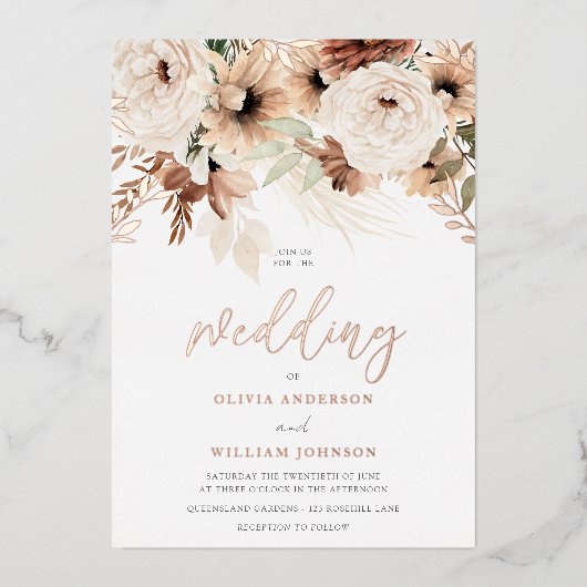 Rustieke Boheemse Terracotta Roos Gold Wedding Folie Uitnodiging (Voorkant)