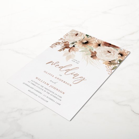 Rustieke Boheemse Terracotta Roos Gold Wedding Folie Uitnodiging (Gedraaid)