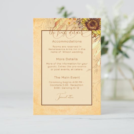 Rustieke Boheemse Zonnebloem Huwelijk Informatiekaartje (Staand voorkant)
