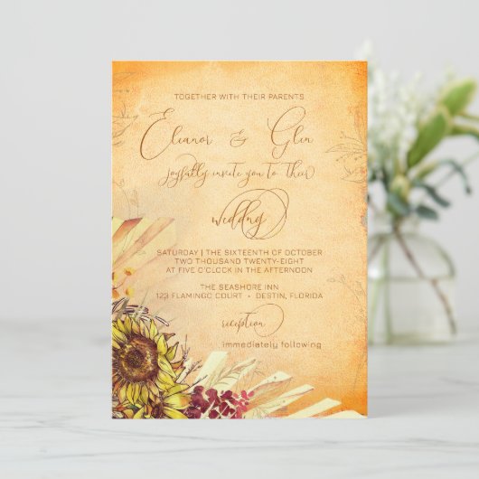 Rustieke Boheemse Zonnebloem Huwelijk Kaart (Staand voorkant)