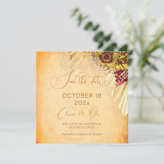 Rustieke Boheemse Zonnebloem Huwelijk Save The Date (Staand voorkant)