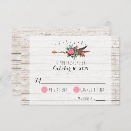 Rustieke Bohemian Feathers Arrow Bruiloft RSVP (Voorkant / Achterkant)