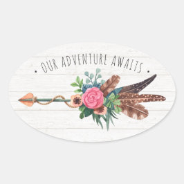 Rustieke Bohemian Feathers & Roos Arrow Bruiloft Ovale Sticker