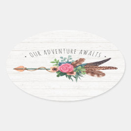 Rustieke Bohemian Feathers & Roos Arrow Bruiloft Ovale Sticker