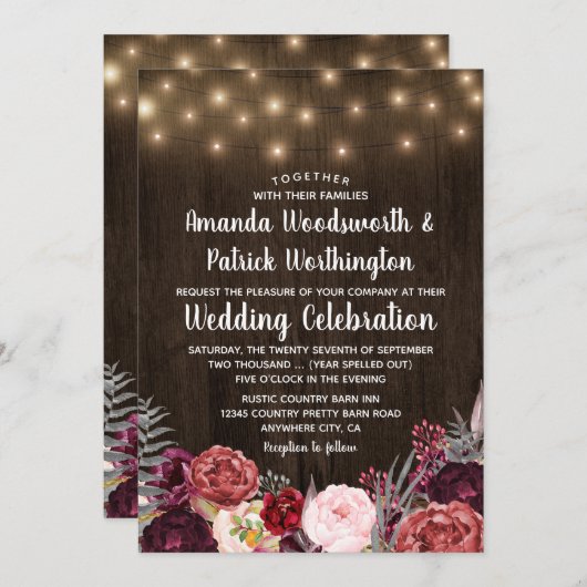 Rustieke Bohemian Marsala Pioen Bruiloft Uitnodigi Kaart (Voorkant / Achterkant)