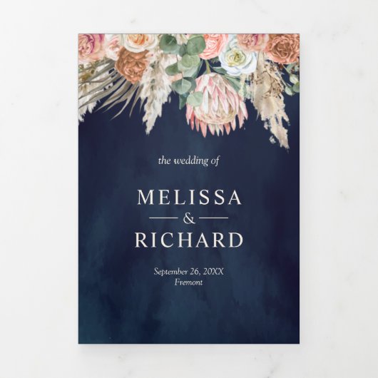 Rustieke Boho Aardse Bloem Pampas Marineblauwe Bru Drieluik Uitnodiging (Cover)