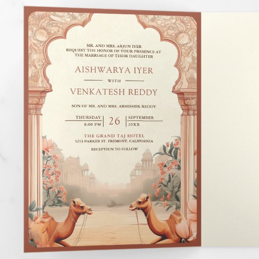 Rustieke Boho Aardse Bloemen Indische Camel Weddin Drieluik Uitnodiging (Binnenzijde eerst)