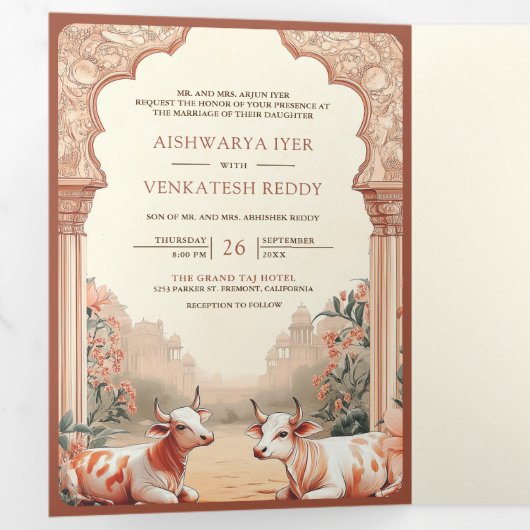 Rustieke Boho Aardse Bloemen Indische Koe bruiloft Drieluik Uitnodiging (Binnenzijde eerst)