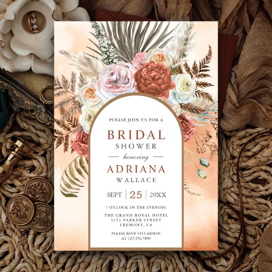 Rustieke Boho Aardse Bloemige Terracotta Bruidsdou Kaart