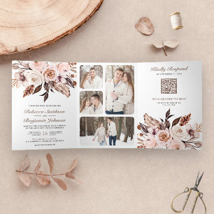 Rustieke Boho Aardse Ivoor Bloemrijke QR Code Trou Drieluik Uitnodiging