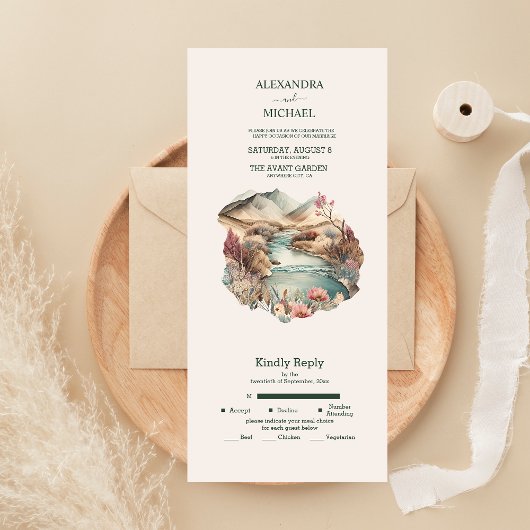 Rustieke Boho Aquarel Berg Bruiloft All In One Uitnodiging