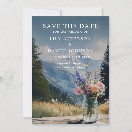 Rustieke Boho Berg Bloemstuk Metson Huwelijk Save The Date (Voorkant)