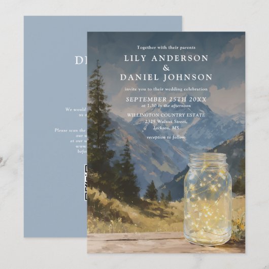 Rustieke Boho Berg Mason Jar QR Code Trouwen Kaart (Voorkant / Achterkant)