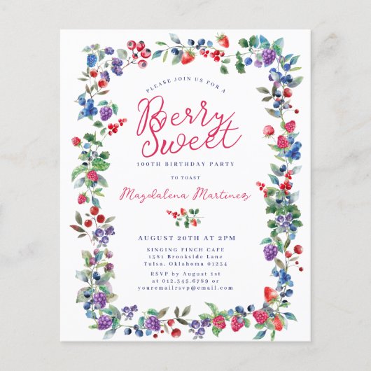 Rustieke Boho Berry 100e verjaardag Budget uitnodi (Voorkant)