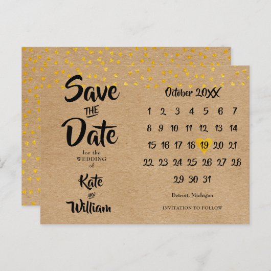 Rustieke Boho Bewaar De Datum Gouden Hart Kalender Aankondigingskaart (Voorkant / Achterkant)