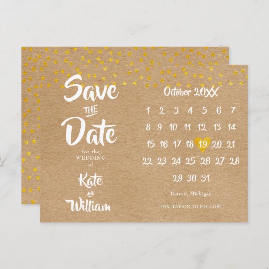 Rustieke Boho Bewaar de Datumkalender Gouden Hart Aankondigingskaart (Voorkant / Achterkant)