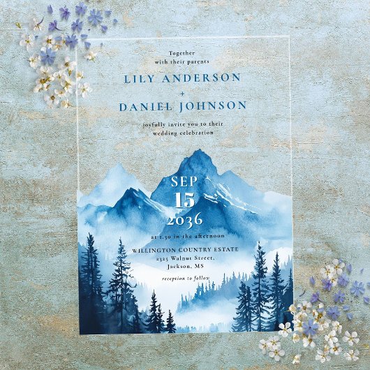 Rustieke Boho Blauwe Aquarel Berg Bruiloft Acryl Uitnodigingen
