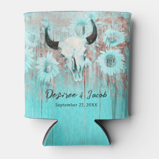 Rustieke Boho Blauwgroen Westerne Zonnebloemen Bul Blikjeskoeler (Voorkant)