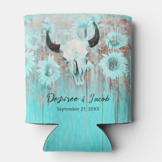 Rustieke Boho Blauwgroen Westerne Zonnebloemen Bul Blikjeskoeler (Achterkant)