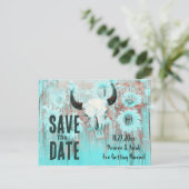 Rustieke Boho Blauwgroen Westerne Zonnebloemen Koe Aankondigingskaart (Staand voorkant)