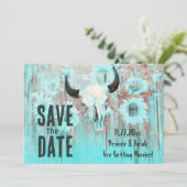 Rustieke Boho Blauwgroen Westerne Zonnebloemen Koe Save The Date (Staand voorkant)