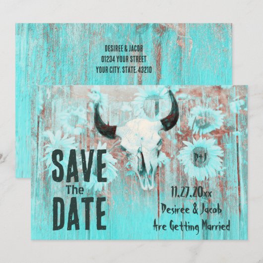 Rustieke Boho Blauwgroen Westerne Zonnebloemen Koe Save The Date (Voorkant / Achterkant)