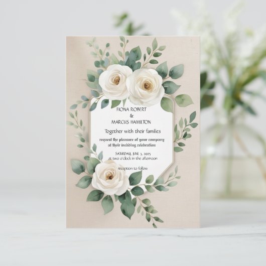 Rustieke Boho Bloem Elegante Witte Rozen Save The Date (Staand voorkant)