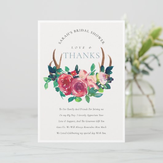 Rustieke Boho Bloem Herten Geweien Bruids Shower Bedankkaart (Staand voorkant)