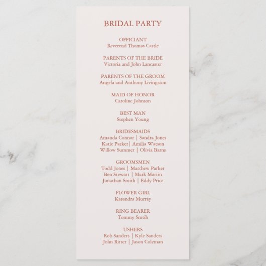 Rustieke Boho Bloem Terracotta Bruin Bruiloft Programmakaart (Achterkant)