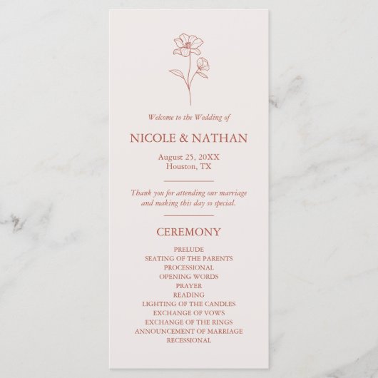 Rustieke Boho Bloem Terracotta Bruin Bruiloft Programmakaart (Voorkant)