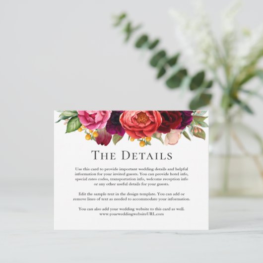 Rustieke Boho Bloemen Bruiloft Details Informatie Informatiekaartje (Staand voorkant)