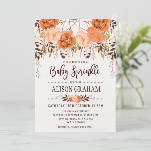Rustieke Boho Bloemen Herfst Baby Sprinkle Uitnodi Kaart (Staand voorkant)